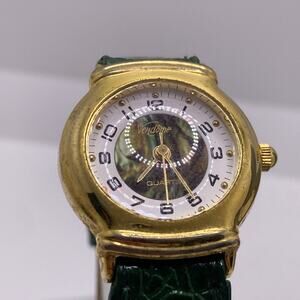 Vendome Womens Gold Tone Green Band Watch Vintage Works New Battery